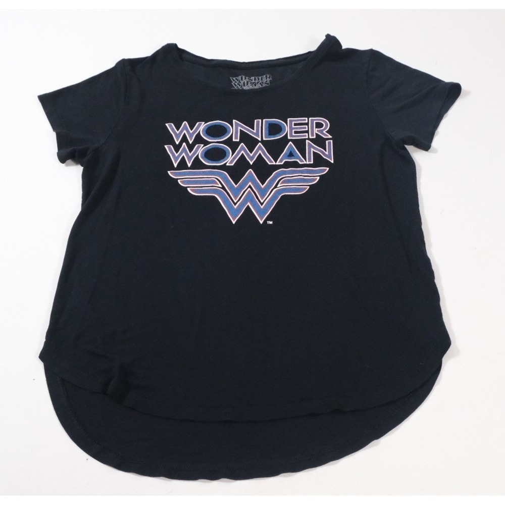 Wonder Woman T-Shirt Womens M Black Graphic Logo High Low Hem Polyester Blend